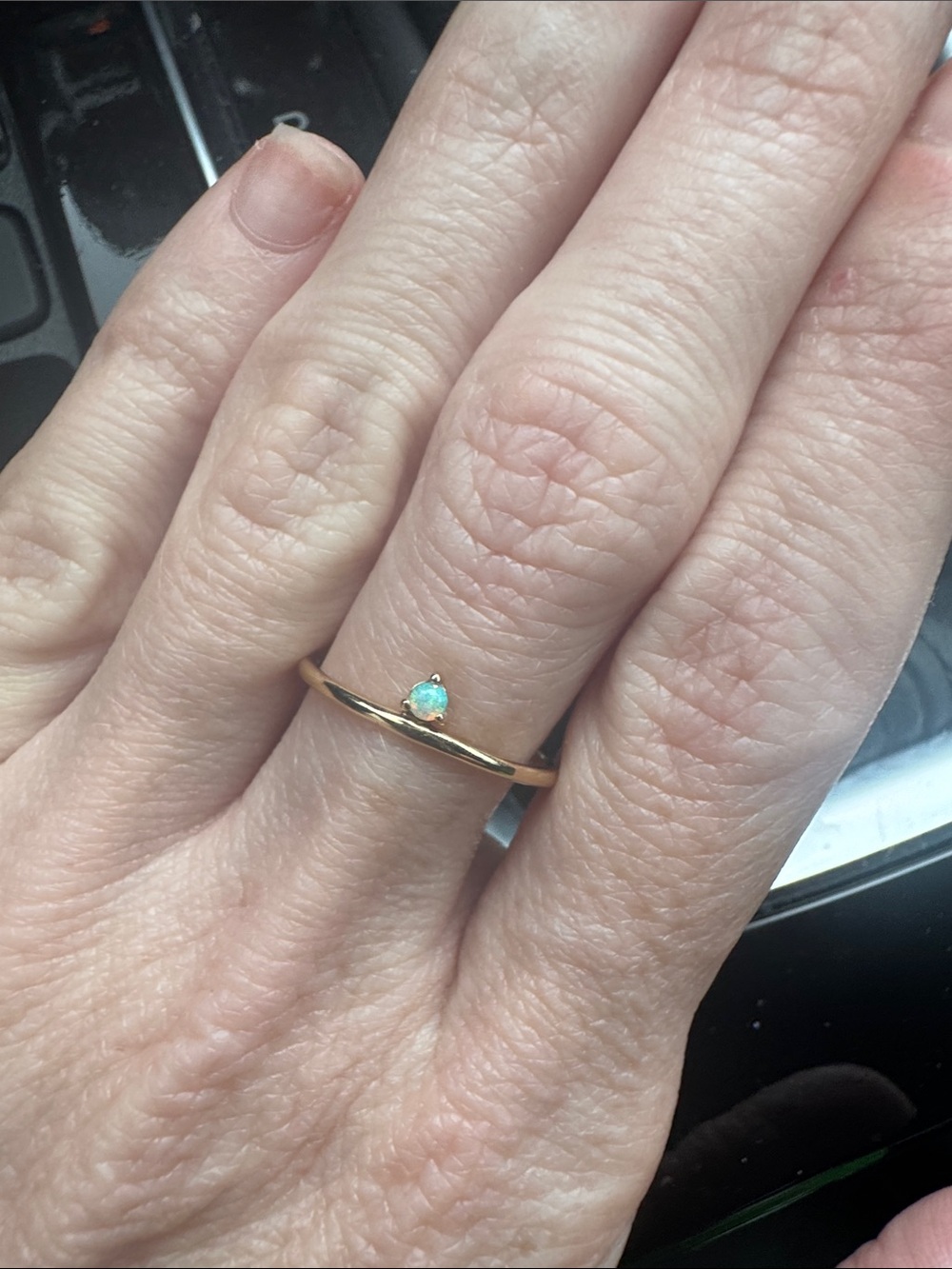 14K Gold Ring with Small Blue-Green Opal Accent